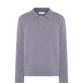 Edwin polo in Excalibur grey, long-sleeve knit with collar and three-button placket