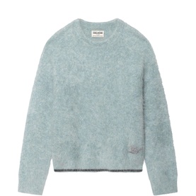 Zadig blue fluffy mohair-blend crewneck jumper with ribbed hem and small logo patch at chest