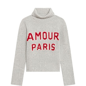 Zadig grey cropped turtleneck knit jumper with red "Amour Paris" intarsia lettering