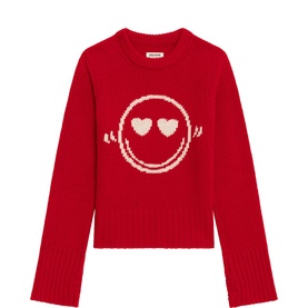 Zadig red knit jumper with cream heart-eyes smiley face intarsia, ribbed hem and cuffs, crew neck, cropped fit