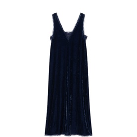 Navy blue velvet midi dress with V-neckline, wide straps, lace trim detail, and front split, on plain white background.