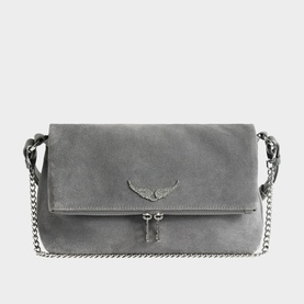 Zadig grey suede crossbody bag with silver chain strap, winged logo hardware and key charm detail on flap closure