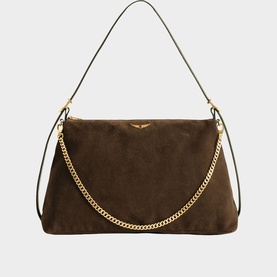 Zadig & Voltaire khaki suede shoulder bag with gold chain strap and logo plaque, slim top handle