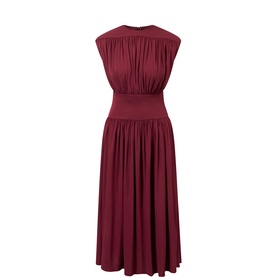 Anine Bing burgundy sleeveless midi dress with ruched bodice, elasticated waist, and full pleated skirt in viscose