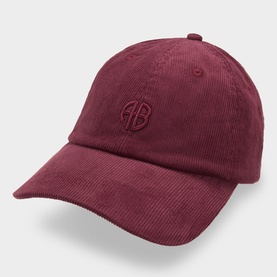 Anine Bing burgundy corduroy cotton cap with tonal embroidered AB logo and curved brim.