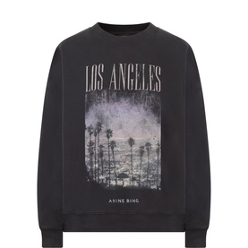 Anine Bing black cotton sweatshirt with faded Los Angeles palm tree graphic print and crew neck