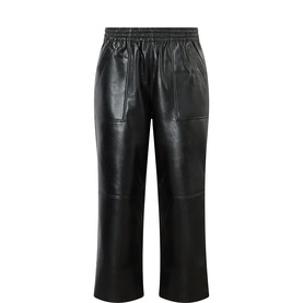Anine Bing black leather trousers with elasticated waistband, front pockets, and wide-leg silhouette