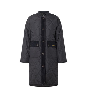 Barbour black quilted longline coat with press-stud front, contrast corduroy patch pockets and gold logo badge