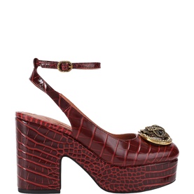 Kurt Geiger London burgundy croc-embossed leather platform slingback heels with gold emblem detail and ankle strap