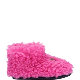 Kurt Geiger London pink fluffy sherpa slipper boot with dark rubber sole and gold logo emblem, side view