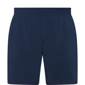 Lululemon True Navy performance shorts with elasticated waistband, flat front design and mid-thigh length
