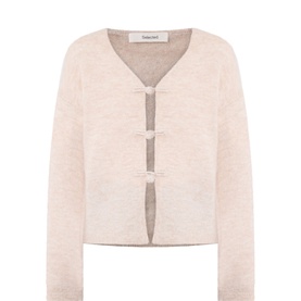 Selected Femme birch cardigan in wool-alpaca blend, V-neck, long sleeves, decorative bow fastenings at front