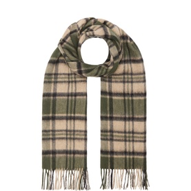 Selected Femme Fir Green wool scarf in check pattern with fringe trim, laid flat showing full length
