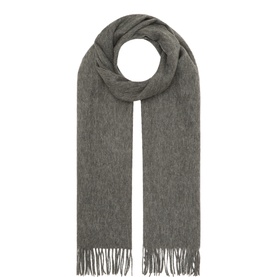 Selected Femme wool scarf in Medium Grey Melange with fringe ends, coiled flat on white background