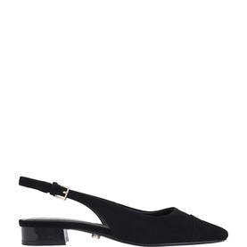 Carvela black fabric slingback block heel court shoe with pointed toe and gold buckle fastening