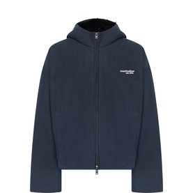 Acne evening blue casual jacket with hood, zip fastening, small logo print, and contrast black fleece interior lining
