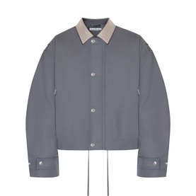 Acne Carbon Grey casual jacket with contrast beige collar, snap button fastening, oversized cuffs with drawstring detail