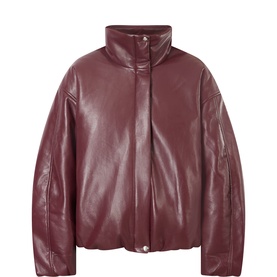 Anine Bing burgundy leather oversized zip-up jacket with high funnel neck and dropped shoulders