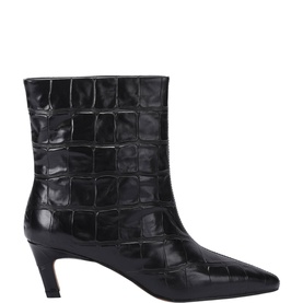 Black croc-embossed leather ankle boot with pointed toe, kitten heel, and side zip fastening