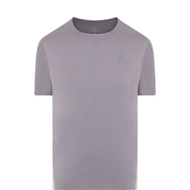 On Running grey performance T-shirt with crew neck, small logo on chest, and contrast side panel detail.
