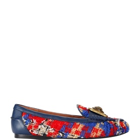 Navy, red and blue tweed loafer with gold emblem detail, flat sole and leather trim, side profile view