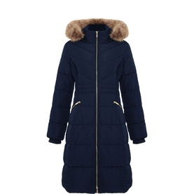 Phase Eight blue longline puffer coat with faux fur trim hood, gold-tone zip, and side zip pockets