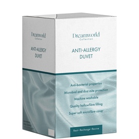 Dreamworld Anti-Allergy Duvet packaging, teal and white box detailing anti-bacterial, machine washable and hollow-fibre filling features