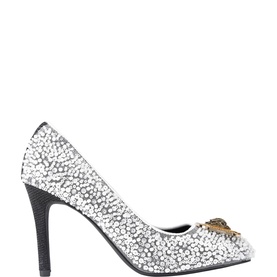 Kurt Geiger London white sequin embellished stiletto court shoe with gold eagle toe detail and black sole