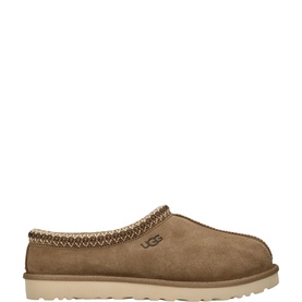 UGG Australia men's brown suede slipper with embroidered collar detail, UGG logo, and cream textured sole