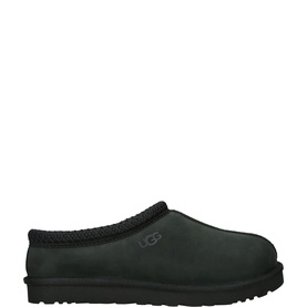 UGG Classic Tasman slipper in black leather with shearling trim collar and black ridged rubber sole