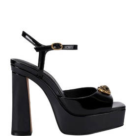 Kurt Geiger London black patent platform sandals with block heel, ankle strap, and gold-tone buckle embellishment