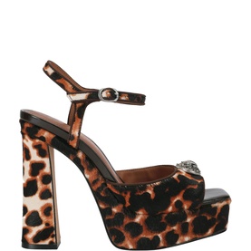 Kurt Geiger London brown leopard print platform sandal with crystal embellishment, ankle strap, and block heel