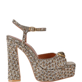 Kurt Geiger London white crystal-embellished platform heeled sandal with ankle strap, gold-tone buckle and block heel