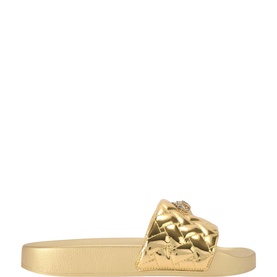 Kurt Geiger London gold metallic slide sandal with quilted strap and eagle emblem detail, flat sole