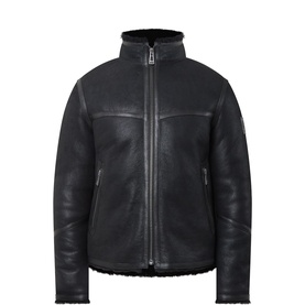 Belstaff black shearling casual jacket with leather detail, zip front, stand collar, and side zip pockets