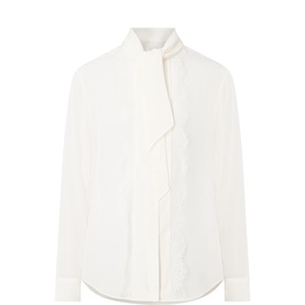 Max Mara Weekend optical white 100% silk shirt with draped scarf neckline, concealed button placket, and buttoned cuffs