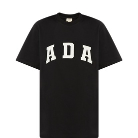 Black oversized crew-neck T-shirt with large arched ADA lettering in cream across the chest, short sleeves, relaxed fit