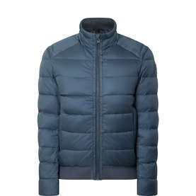 Belstaff Compound Down Jacket in petrol blue with stand collar, ribbed cuffs and hem, concealed zip, lightweight quilted construction