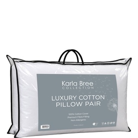 Karla Bree Collection Luxury Cotton Pillow Pair, white, packaged in clear zip bag with carry handle