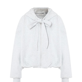 Fabienne Chapot Bubble Hoodie in Grey Melange, zip-front with bow tie neckline, dropped shoulders, ribbed cuffs, and elasticated bubble hem