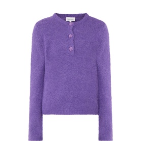 Fabienne Chapot deep purple knit sweater with henley button neckline and long sleeves, textured fluffy finish