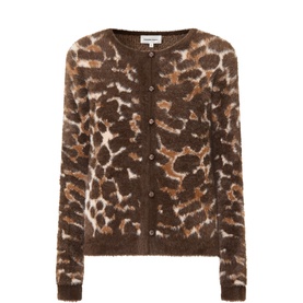 Fabienne Chapot cardigan in Toffee/Camel Club leopard print, fluffy knit texture, round neck, button-front fastening
