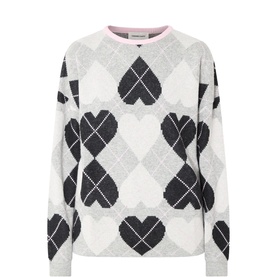 Fabienne Chapot grey and black argyle heart-print knit jumper with pink crew neckline trim, long sleeves