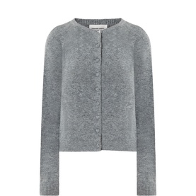Fabienne Chapot mid grey melange knit cardigan with round neck, long sleeves, and tonal button-through front fastening.