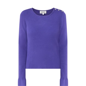Fabienne Chapot deep purple knit jumper with round neck, cuffed sleeves, and gold button shoulder detail