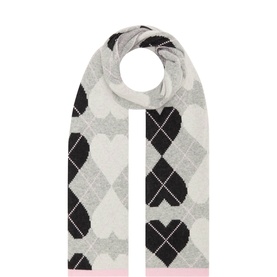 Fabienne Chapot grey and black argyle heart-print knit scarf with pink trim detail, draped in loose loop