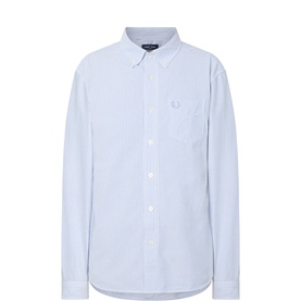 Fred Perry Laurel Logo Striped Oxford Shirt in light blue, button-down collar, chest patch pocket, embroidered logo, long sleeves