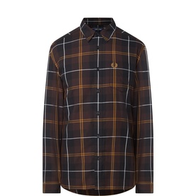 Fred Perry Laurel Logo Tartan Print Shirt in dark brown, point collar, long sleeves, front button fastening, embroidered chest logo