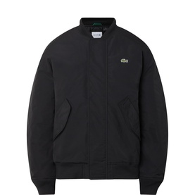 Lacoste black polyester casual bomber jacket with ribbed cuffs, hem, and collar, zip fastening, and signature crocodile logo badge.