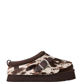 UGG Australia brown cow-print haircalf slip-on mule with silver buckle detail and chunky dark brown platform sole